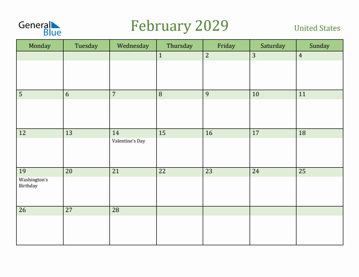 February 2029 Calendar with United States Holidays