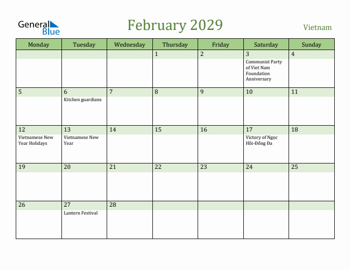 February 2029 Calendar with Vietnam Holidays