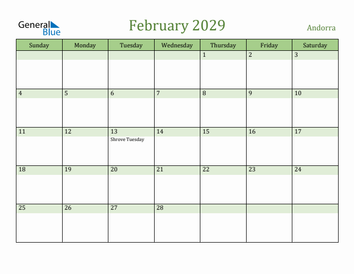 February 2029 Calendar with Andorra Holidays
