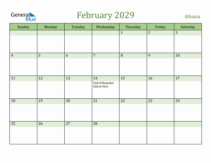 February 2029 Calendar with Albania Holidays