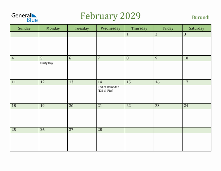 February 2029 Calendar with Burundi Holidays