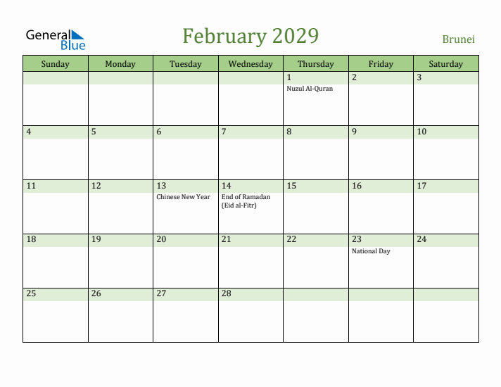 February 2029 Calendar with Brunei Holidays