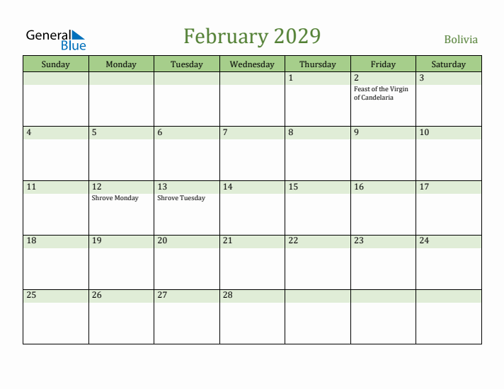 February 2029 Calendar with Bolivia Holidays