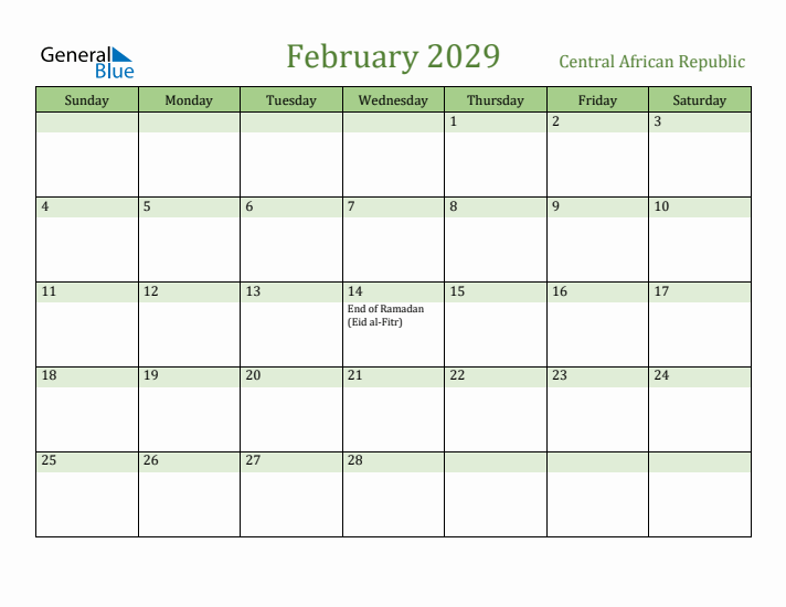 February 2029 Calendar with Central African Republic Holidays