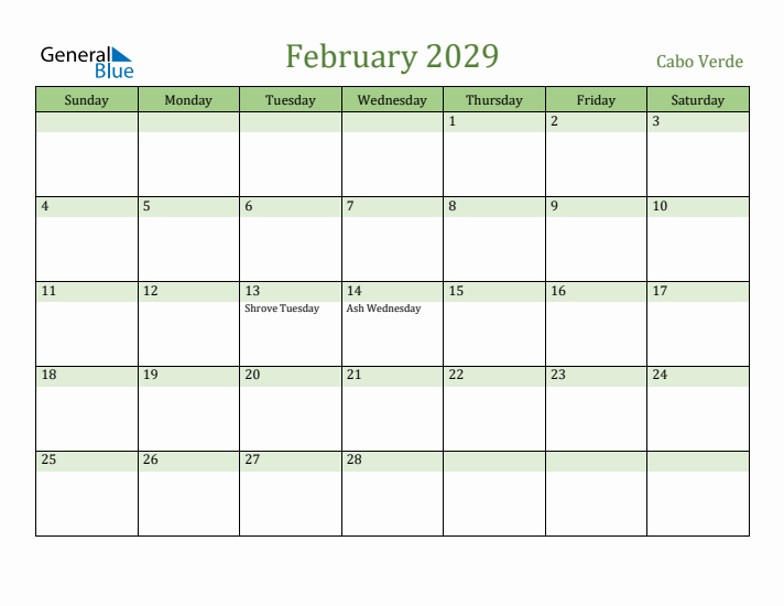 February 2029 Calendar with Cabo Verde Holidays