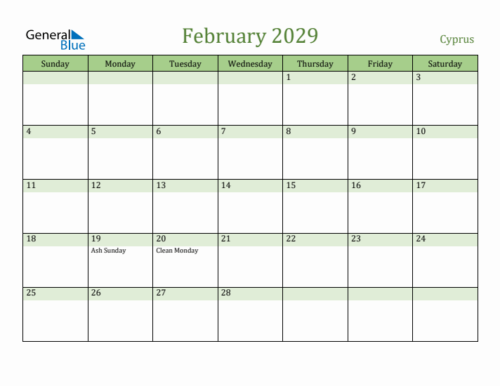 February 2029 Calendar with Cyprus Holidays