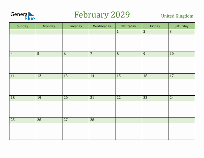 February 2029 Calendar with United Kingdom Holidays