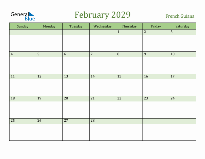 February 2029 Calendar with French Guiana Holidays