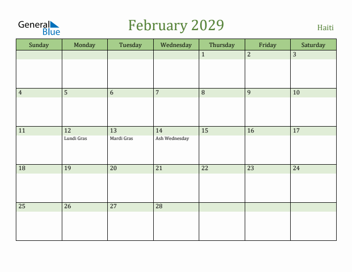 February 2029 Calendar with Haiti Holidays