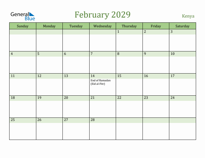 February 2029 Calendar with Kenya Holidays