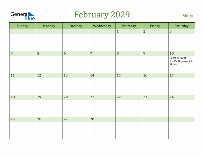 February 2029 Calendar with Malta Holidays