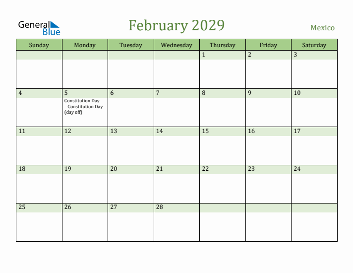 February 2029 Calendar with Mexico Holidays