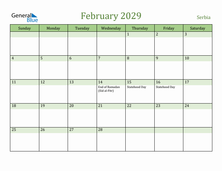 February 2029 Calendar with Serbia Holidays