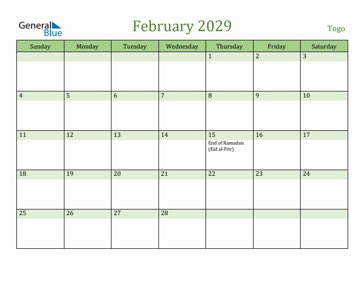 February 2029 Calendar with Togo Holidays