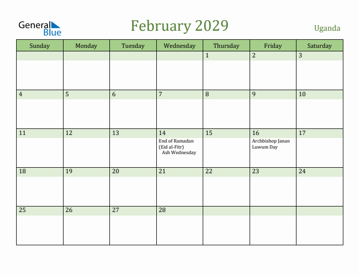 February 2029 Calendar with Uganda Holidays