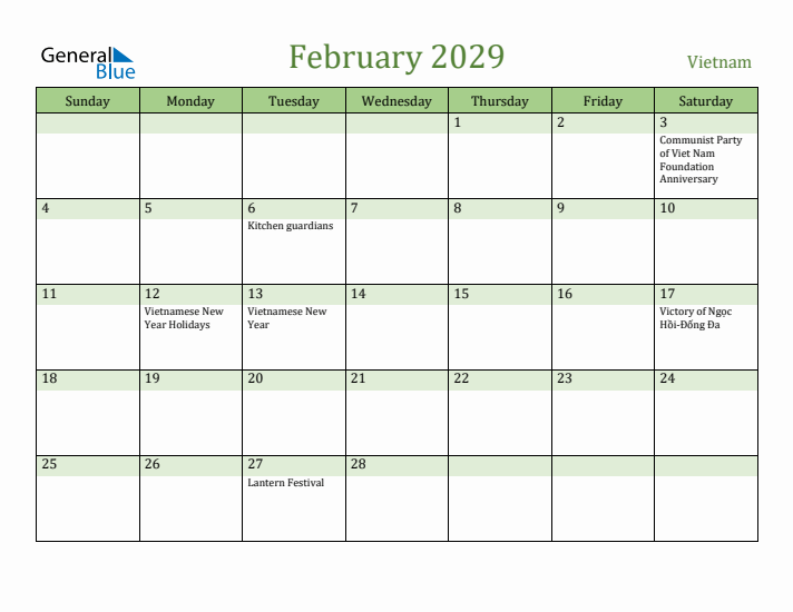 February 2029 Calendar with Vietnam Holidays