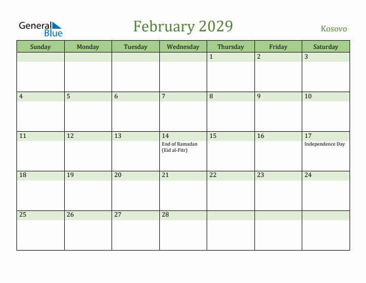 February 2029 Calendar with Kosovo Holidays