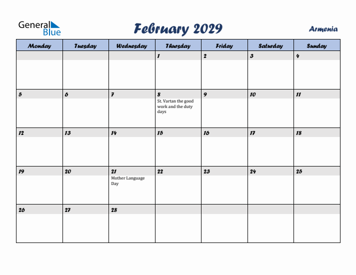 February 2029 Calendar with Holidays in Armenia