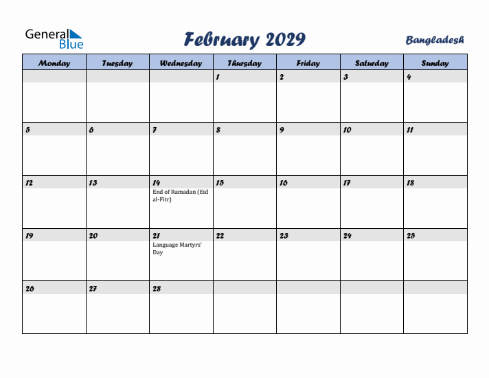 February 2029 Calendar with Holidays in Bangladesh