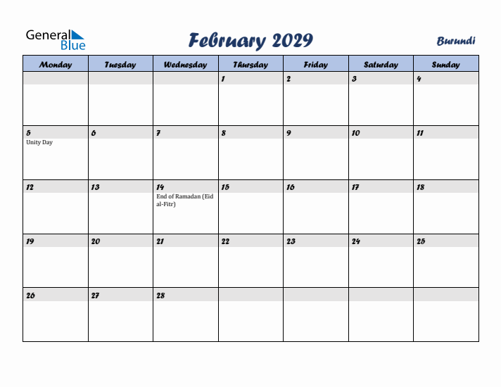 February 2029 Calendar with Holidays in Burundi