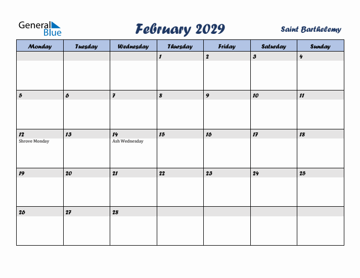 February 2029 Calendar with Holidays in Saint Barthelemy