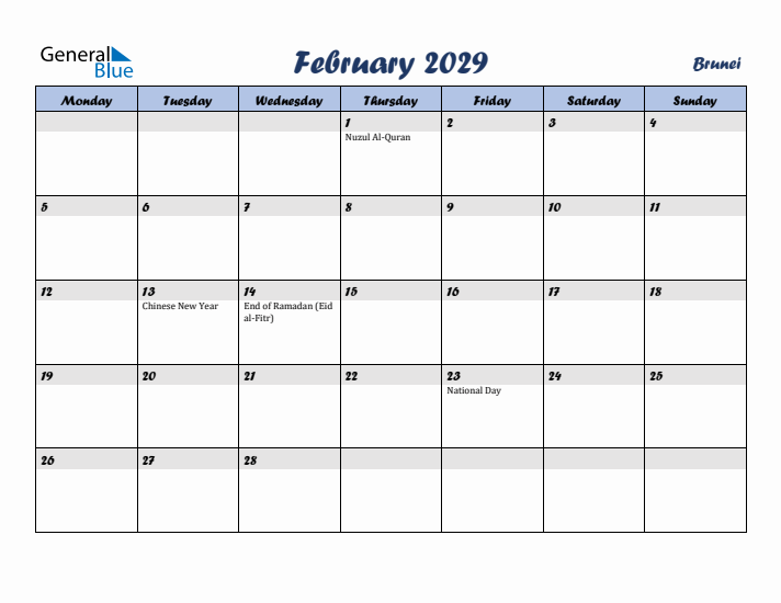 February 2029 Calendar with Holidays in Brunei