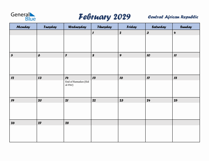 February 2029 Calendar with Holidays in Central African Republic