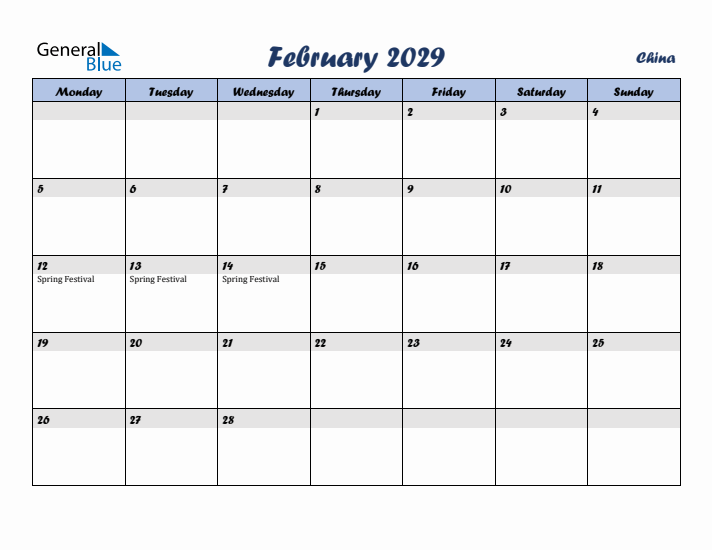 February 2029 Calendar with Holidays in China