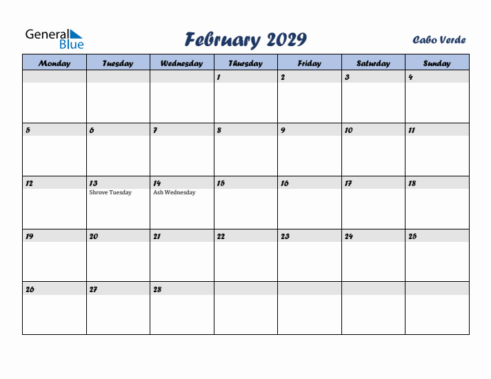 February 2029 Calendar with Holidays in Cabo Verde