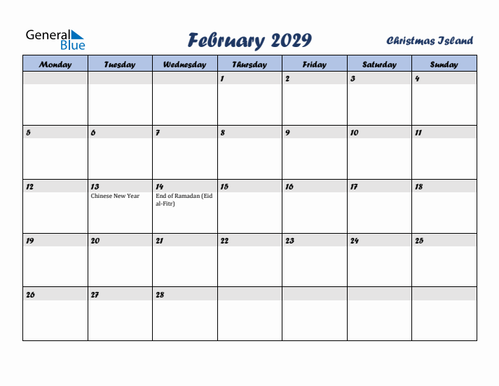 February 2029 Calendar with Holidays in Christmas Island