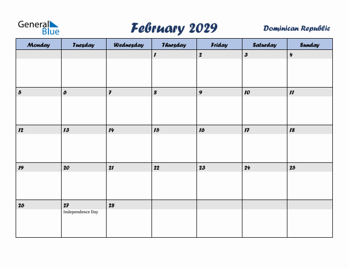 February 2029 Calendar with Holidays in Dominican Republic