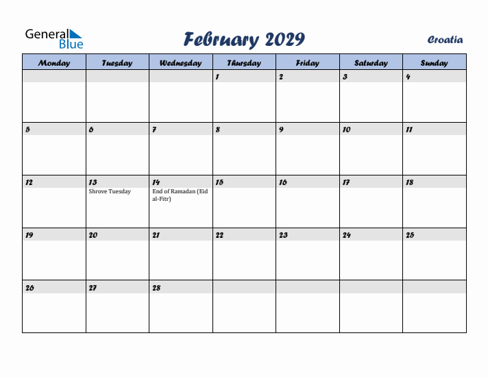 February 2029 Calendar with Holidays in Croatia