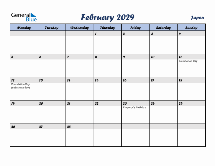 February 2029 Calendar with Holidays in Japan
