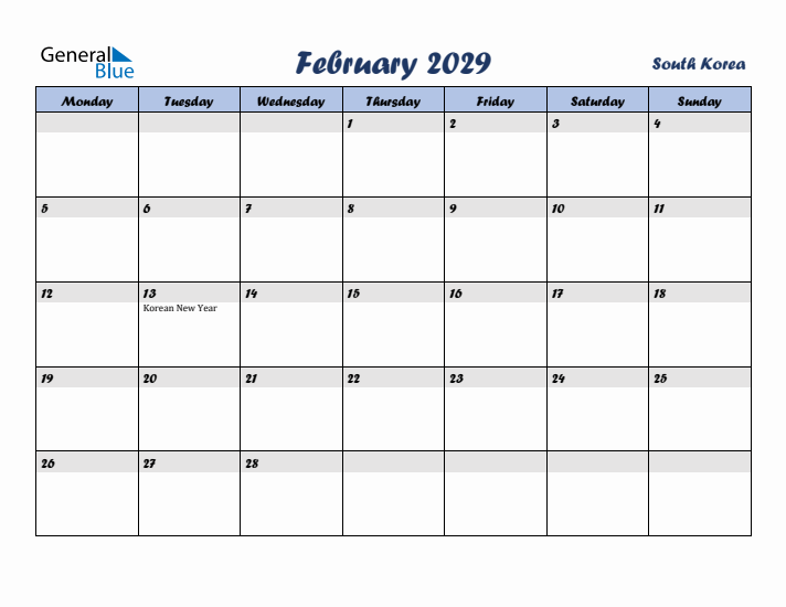 February 2029 Calendar with Holidays in South Korea