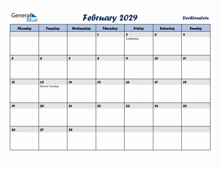 February 2029 Calendar with Holidays in Liechtenstein