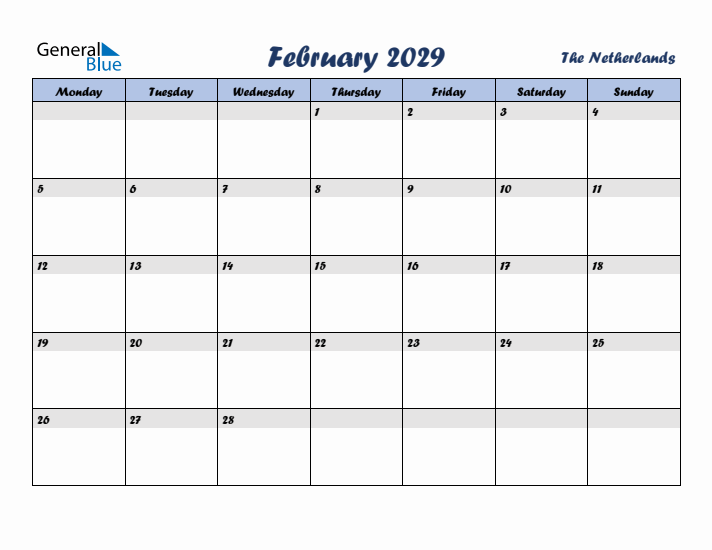 February 2029 Calendar with Holidays in The Netherlands