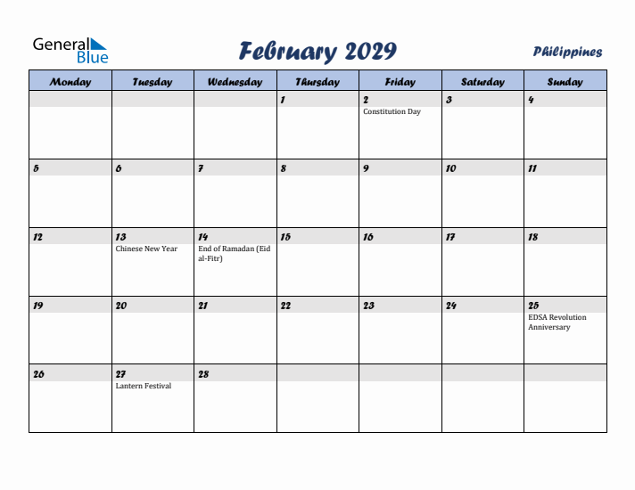 February 2029 Calendar with Holidays in Philippines