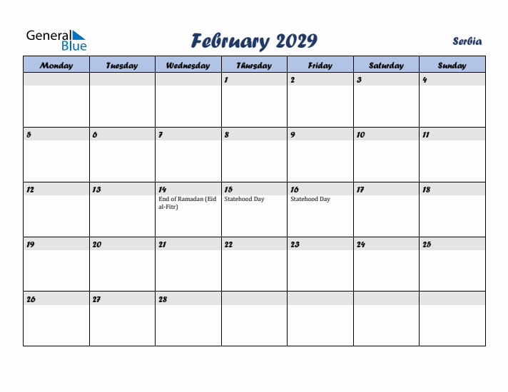 February 2029 Calendar with Holidays in Serbia