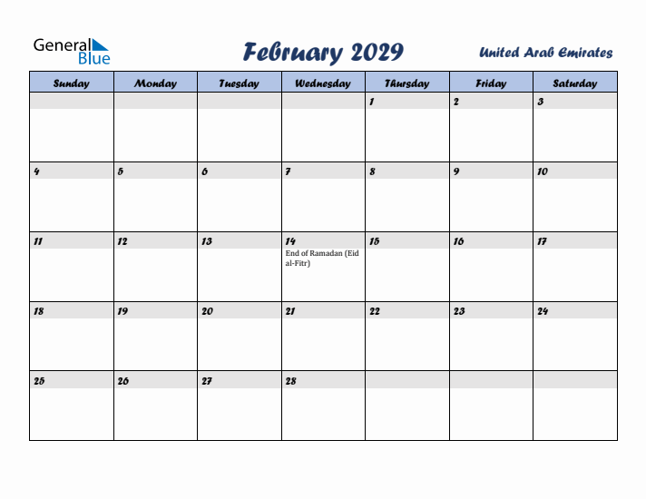 February 2029 Calendar with Holidays in United Arab Emirates
