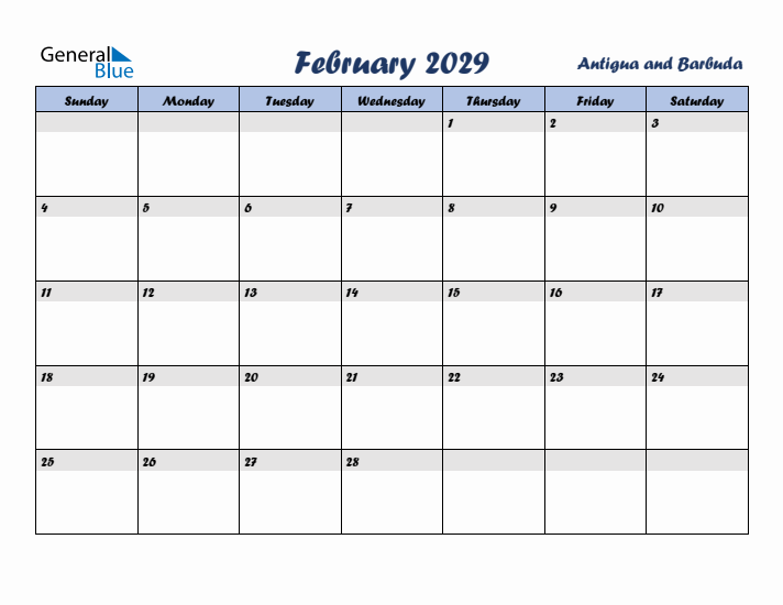 February 2029 Calendar with Holidays in Antigua and Barbuda