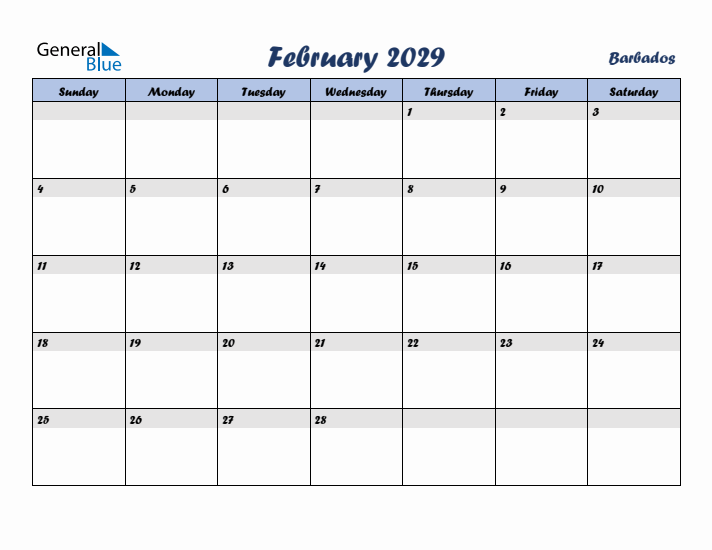 February 2029 Calendar with Holidays in Barbados