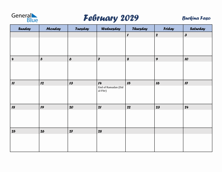 February 2029 Calendar with Holidays in Burkina Faso