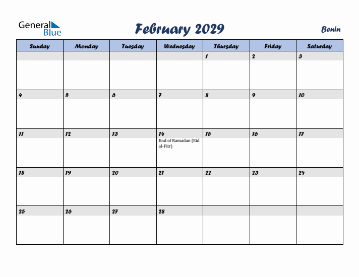 February 2029 Calendar with Holidays in Benin