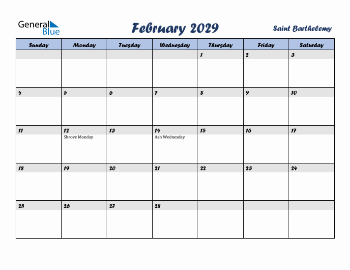 February 2029 Calendar with Holidays in Saint Barthelemy