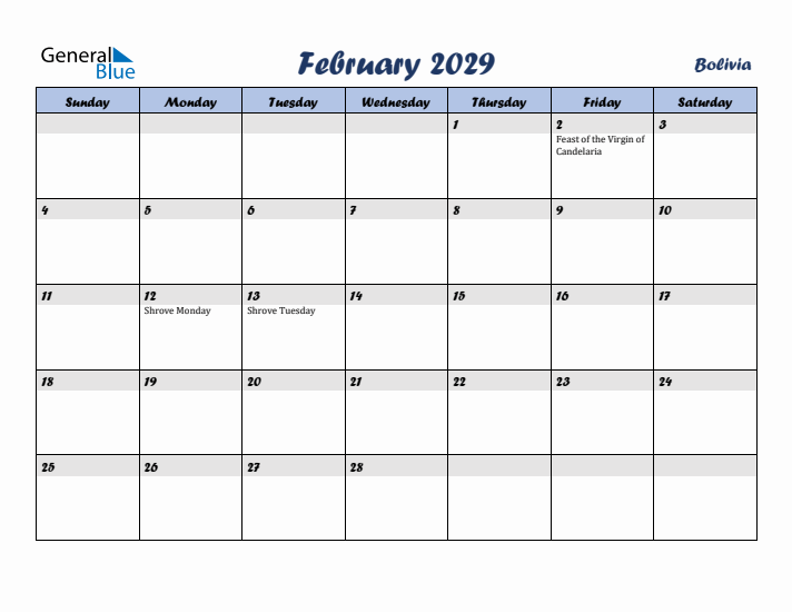 February 2029 Calendar with Holidays in Bolivia