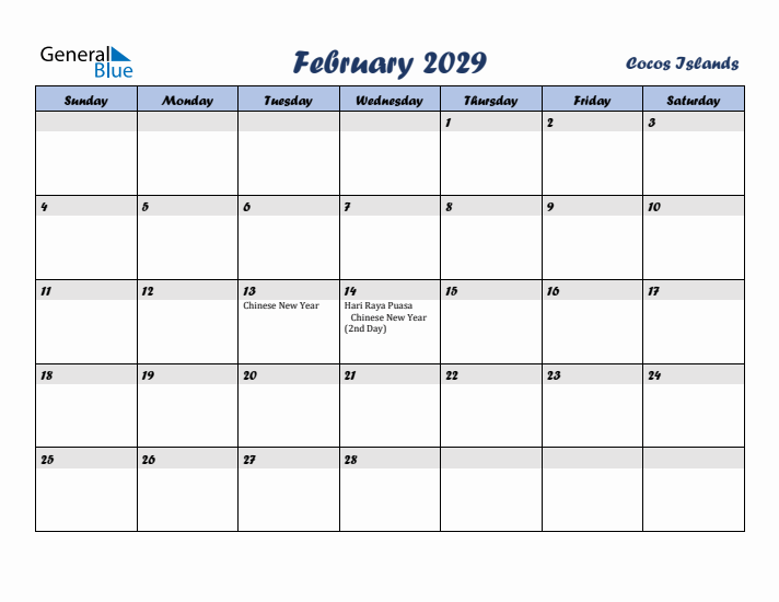 February 2029 Calendar with Holidays in Cocos Islands