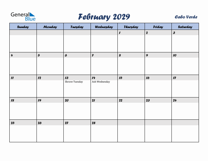 February 2029 Calendar with Holidays in Cabo Verde