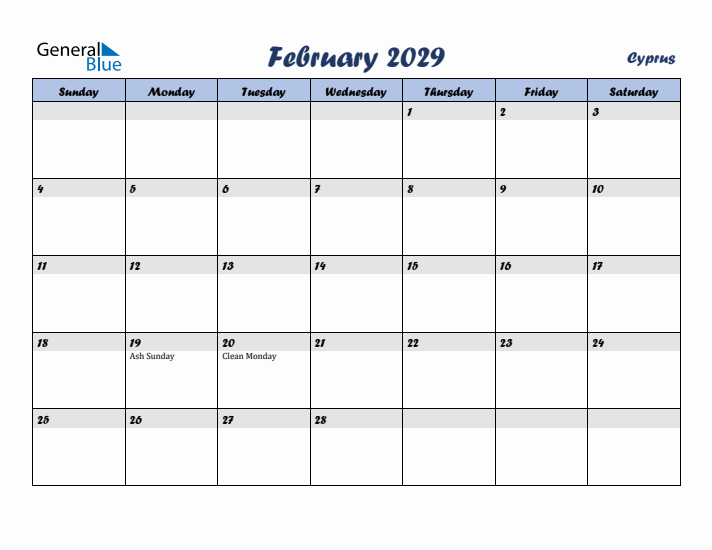 February 2029 Calendar with Holidays in Cyprus