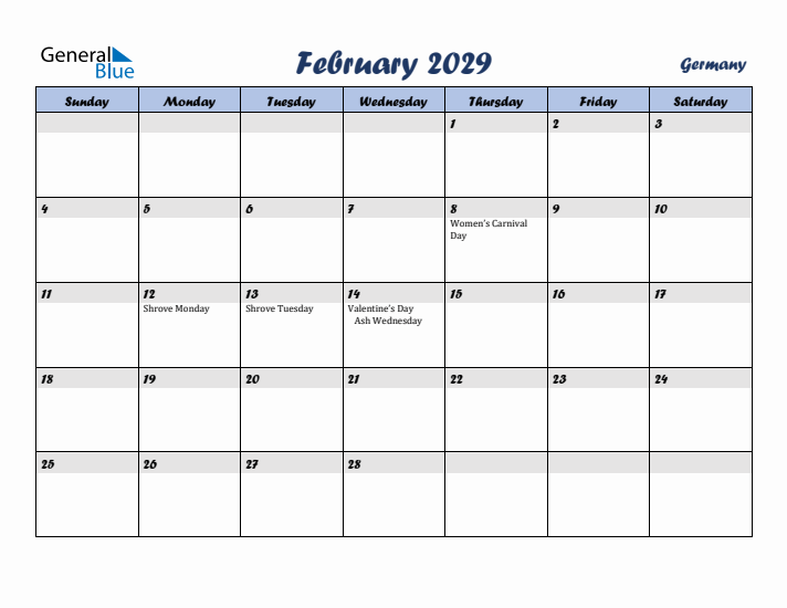 February 2029 Calendar with Holidays in Germany