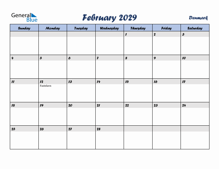 February 2029 Calendar with Holidays in Denmark